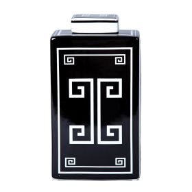 Rectangular Ceramic Decorative Jar with Black and White Geometric Design