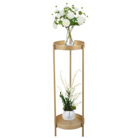 Modern Folding Metal 2-Tier Plant Stand Potted Plant Holder Shelf with 2 Round Trays Indoor Outdoor;  Versatile;  Golden